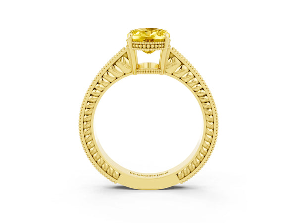 Yellow gold Oval Cut Yellow Sapphire Engagement Ring with Milgrain Channel Set Band and Prong Setting