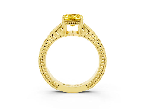 Yellow gold Oval Cut Yellow Sapphire Engagement Ring with Milgrain Channel Set Band and Prong Setting_27