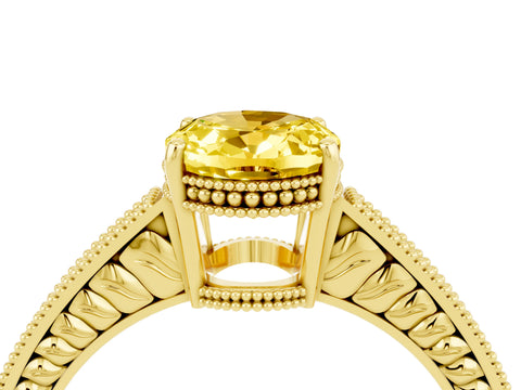 Yellow gold Oval Cut Yellow Sapphire Engagement Ring with Milgrain Channel Set Band and Prong Setting_28