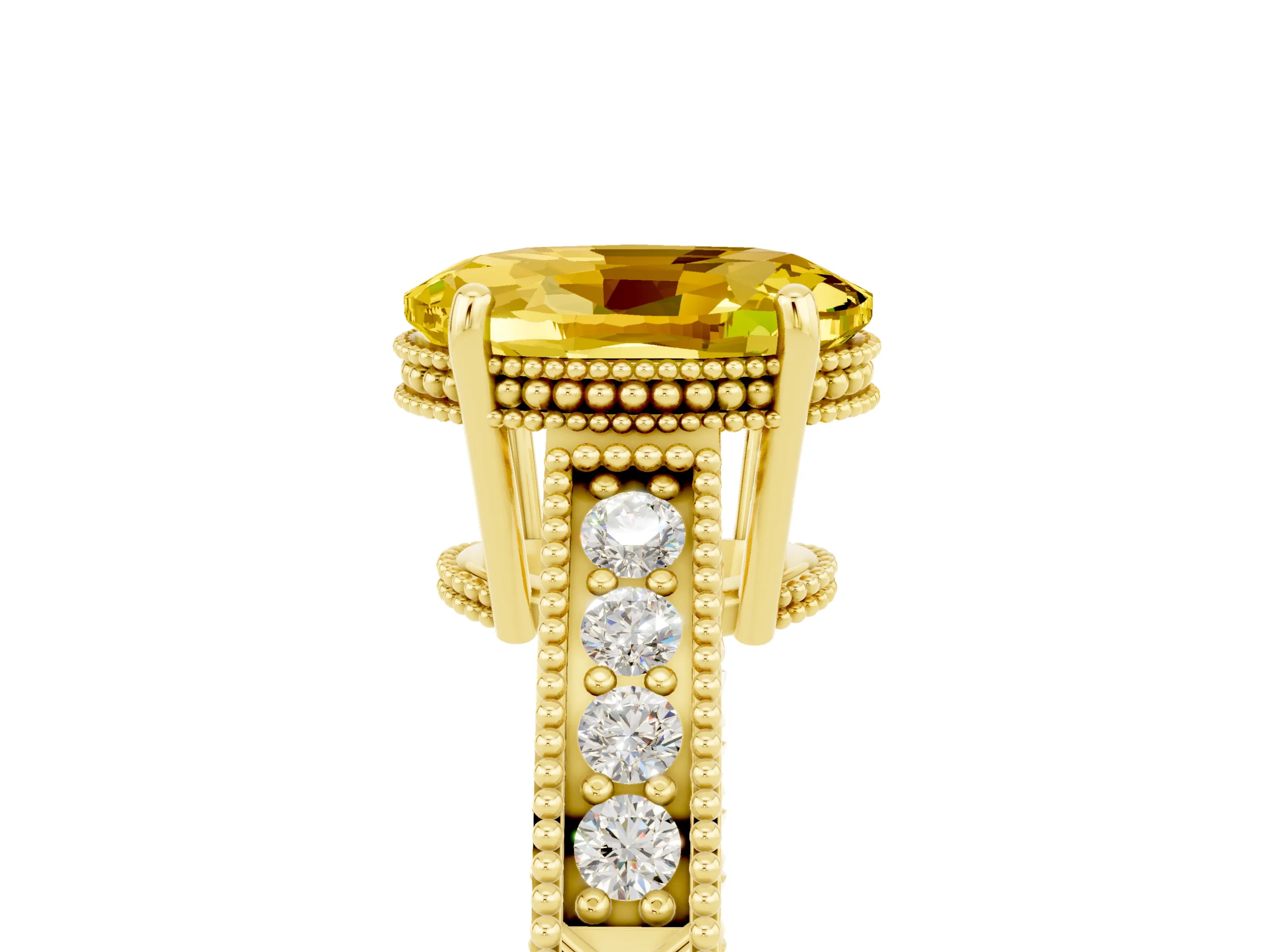 Yellow gold Oval Cut Yellow Sapphire Engagement Ring with Milgrain Channel Set Band and Prong Setting_29