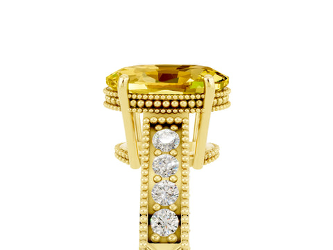 Yellow gold Oval Cut Yellow Sapphire Engagement Ring with Milgrain Channel Set Band and Prong Setting_29