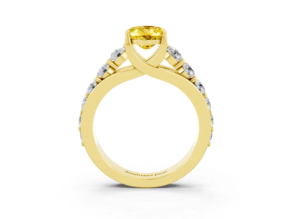 Yellow gold Oval Cut Yellow Sapphire Engagement Ring with Pavé Band and Four-Prong Setting