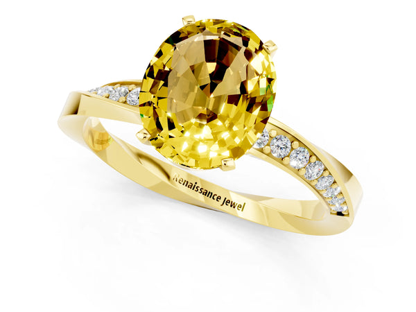 Yellow gold Oval Cut Yellow Sapphire Engagement Ring with Side Stone Accents and Four-Prong Setting