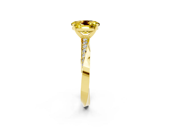 Yellow gold Oval Cut Yellow Sapphire Engagement Ring with Side Stone Accents and Four-Prong Setting