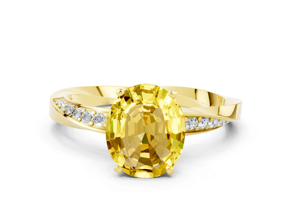 Yellow gold Oval Cut Yellow Sapphire Engagement Ring with Side Stone Accents and Four-Prong Setting