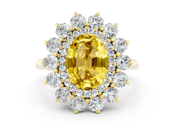 Yellow gold Oval Cut Yellow Sapphire Floral Double Halo Engagement Ring with Prong Setting