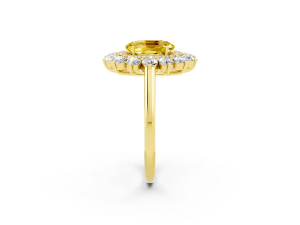 Yellow gold Oval Cut Yellow Sapphire Floral Double Halo Engagement Ring with Prong Setting