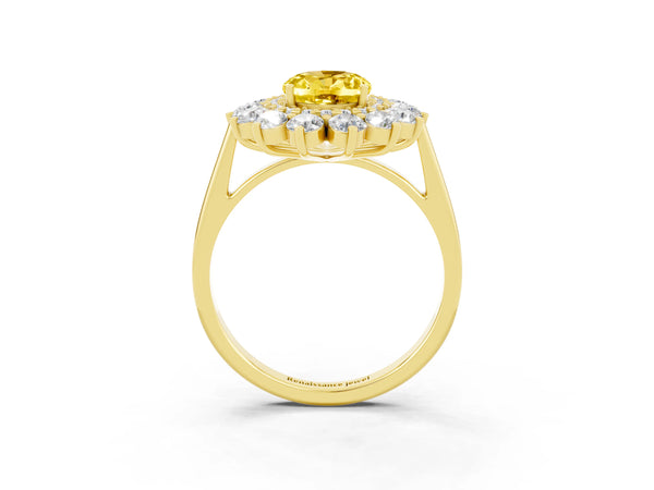 Yellow gold Oval Cut Yellow Sapphire Floral Double Halo Engagement Ring with Prong Setting
