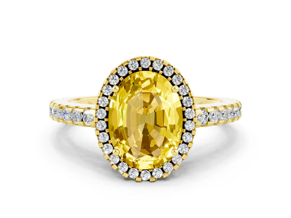 Yellow gold Oval Cut Yellow Sapphire Halo Engagement Ring with Pavé Band and Prong Setting