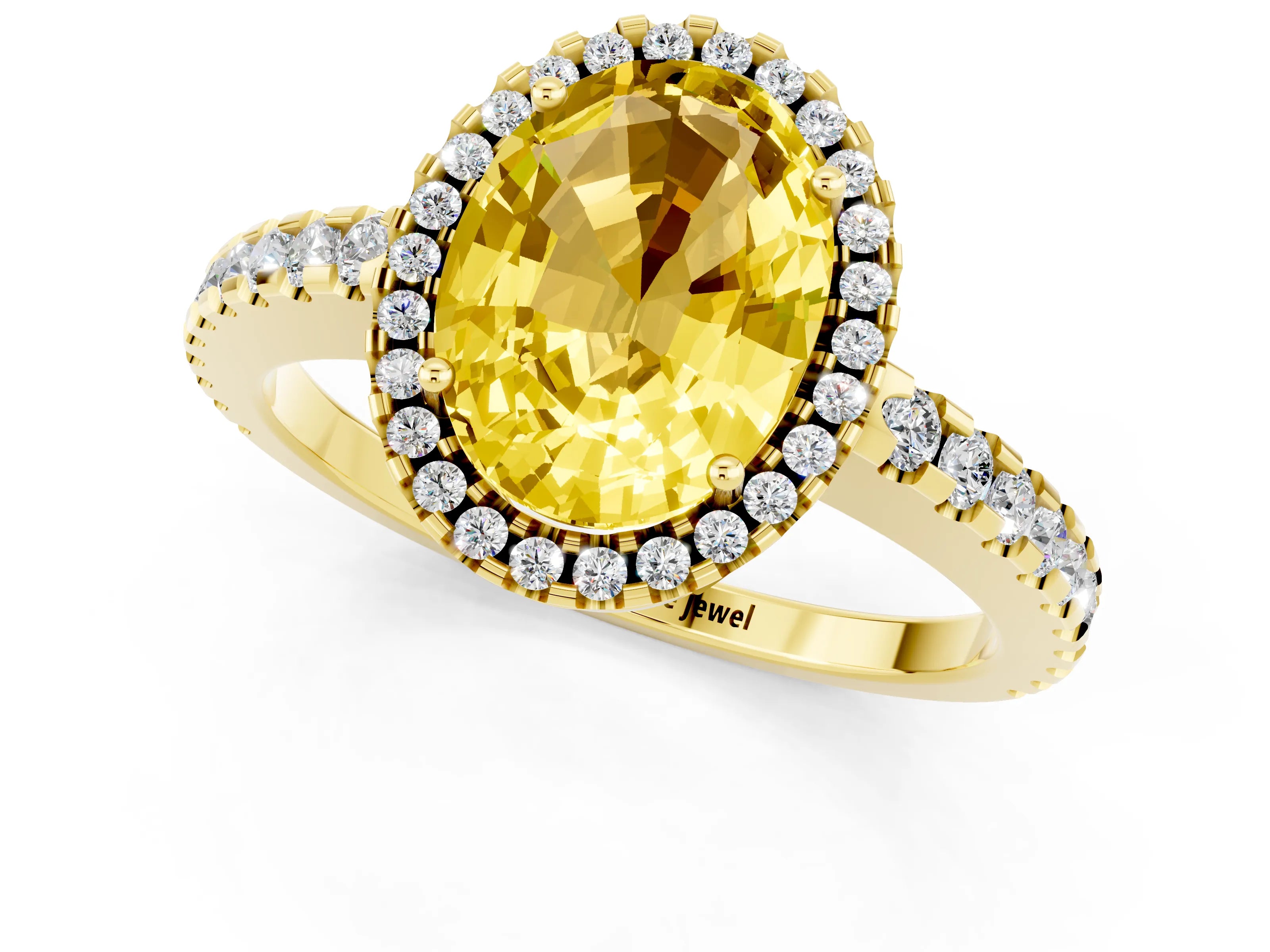 Yellow gold Oval Cut Yellow Sapphire Halo Engagement Ring with Pavé Band and Prong Setting_13