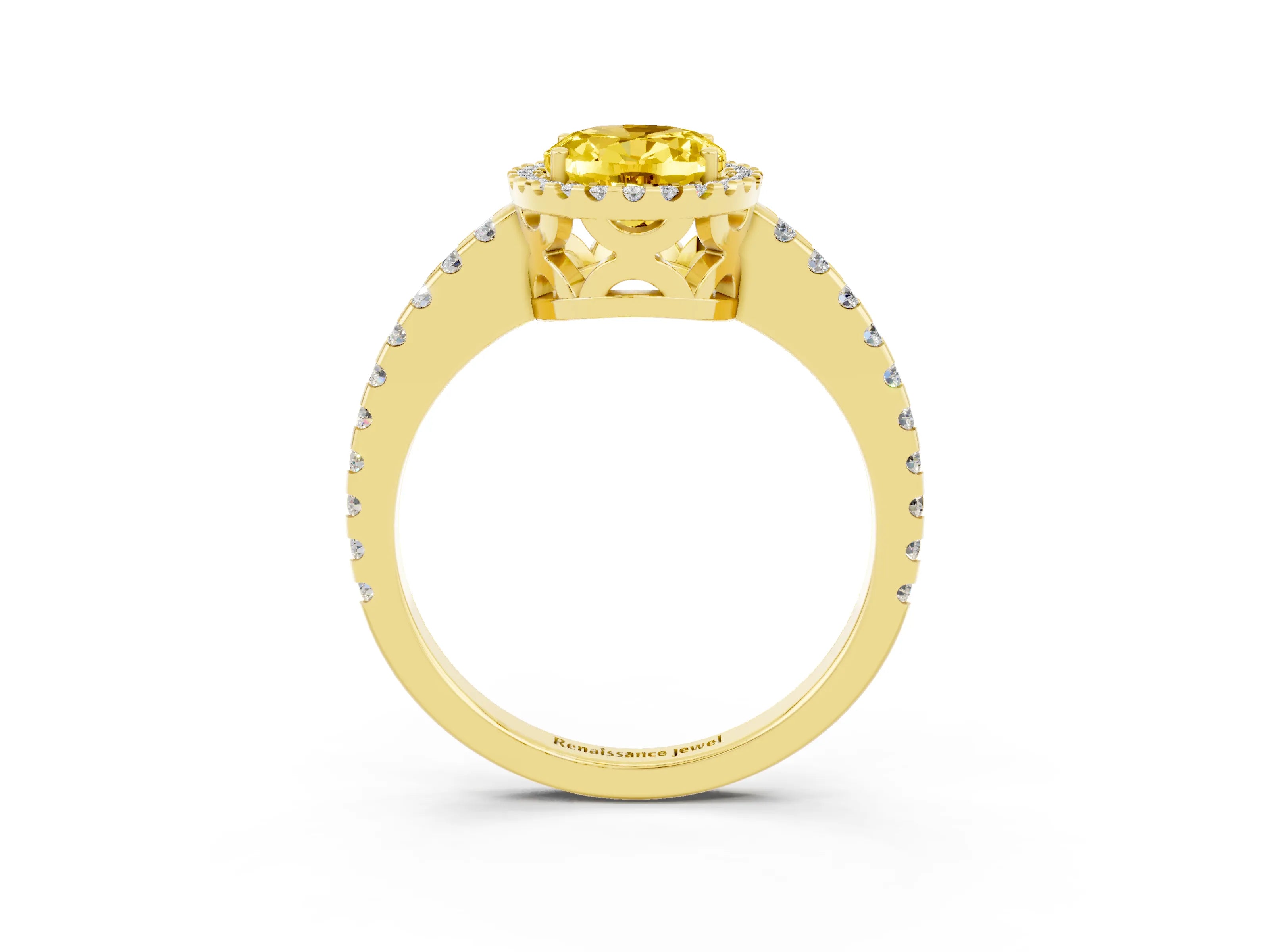 Yellow gold Oval Cut Yellow Sapphire Halo Engagement Ring with Pavé Band and Prong Setting_15