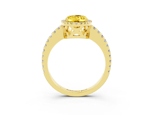 Yellow gold Oval Cut Yellow Sapphire Halo Engagement Ring with Pavé Band and Prong Setting