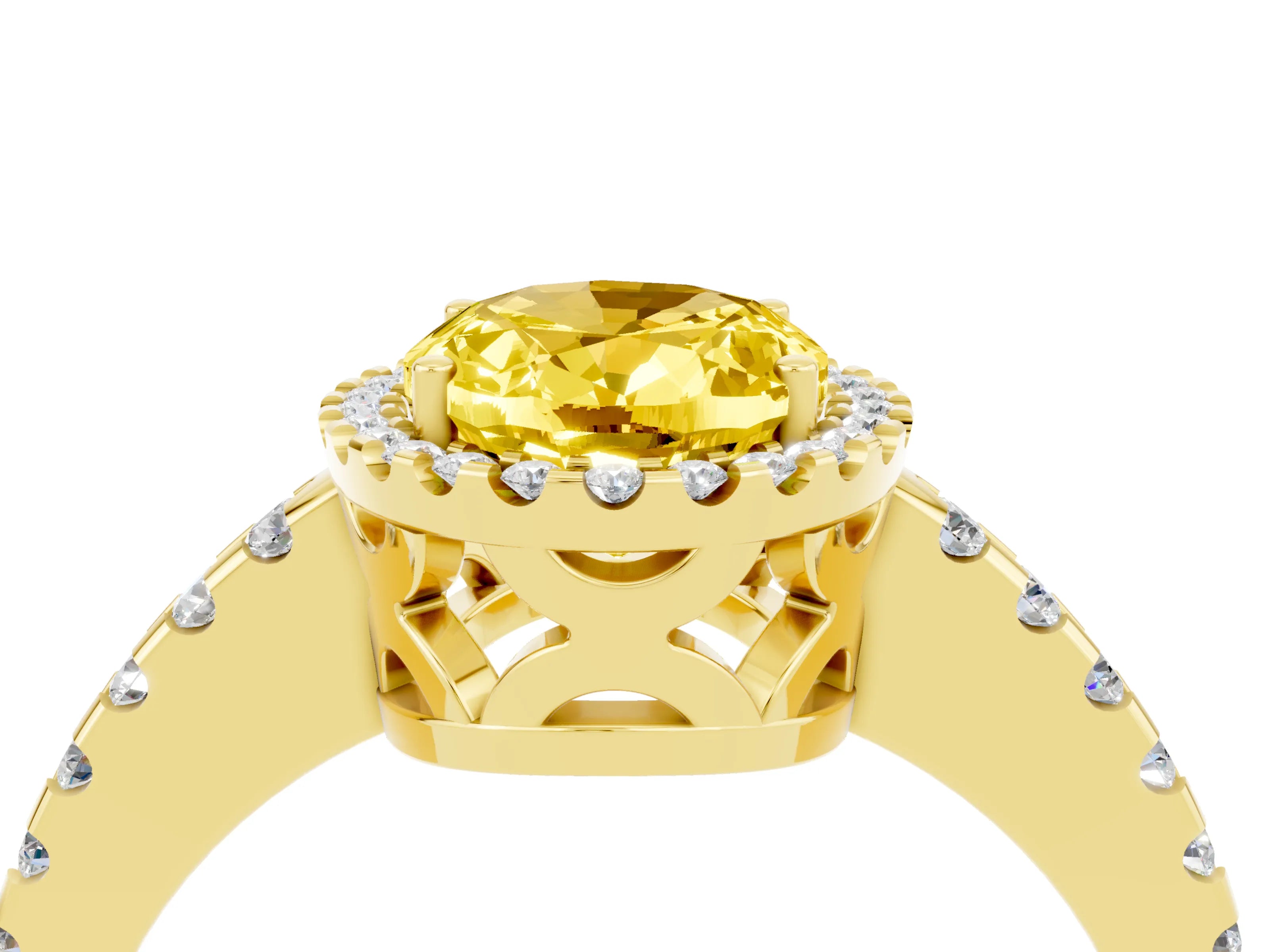 Yellow gold Oval Cut Yellow Sapphire Halo Engagement Ring with Pavé Band and Prong Setting_16