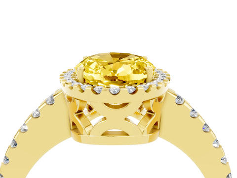 Yellow gold Oval Cut Yellow Sapphire Halo Engagement Ring with Pavé Band and Prong Setting_16