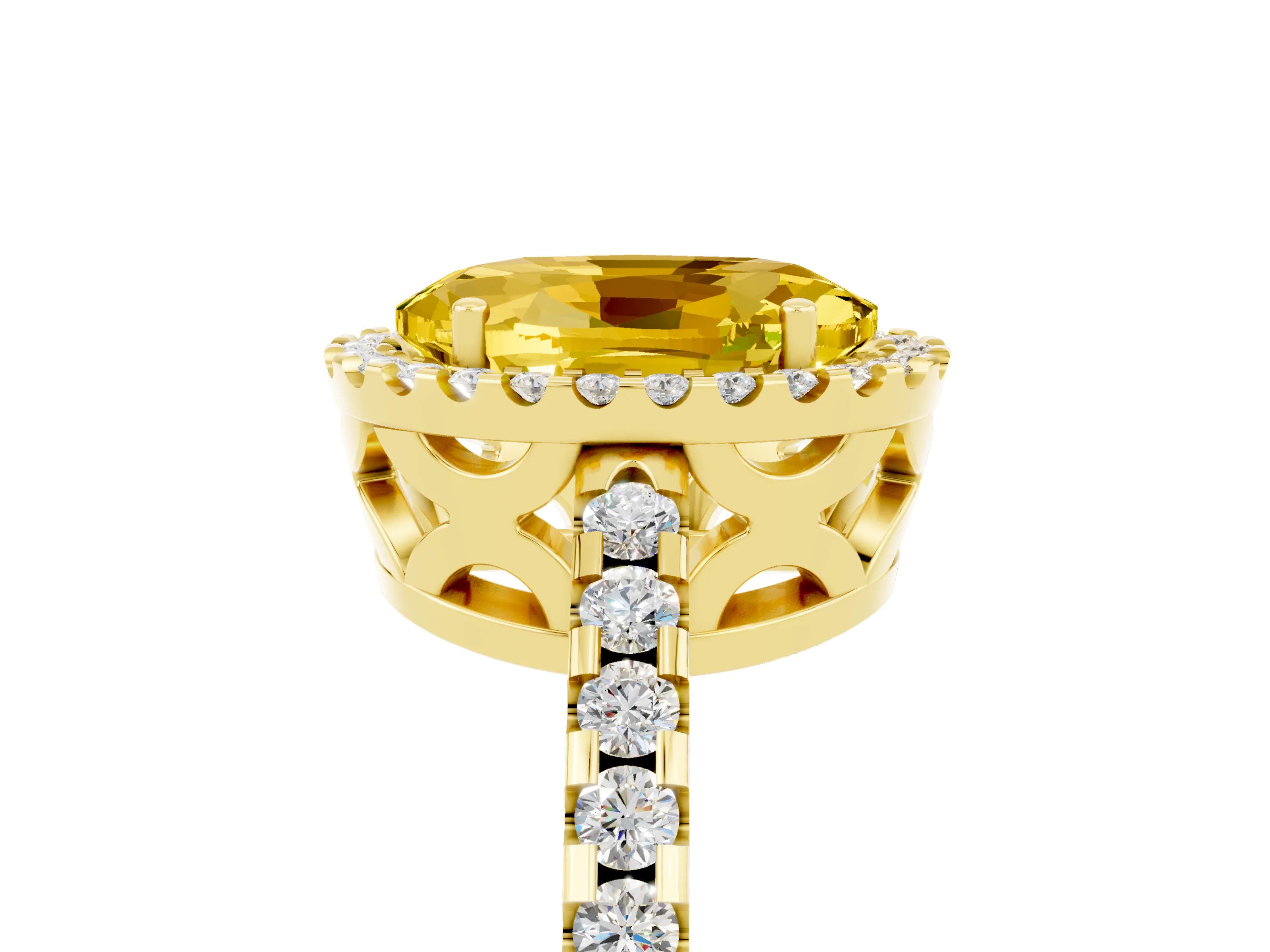 Yellow gold Oval Cut Yellow Sapphire Halo Engagement Ring with Pavé Band and Prong Setting_17
