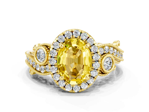 Yellow gold Oval Cut Yellow Sapphire Halo Ring with Milgrain Pavé Band and Four-Prong Setting_12
