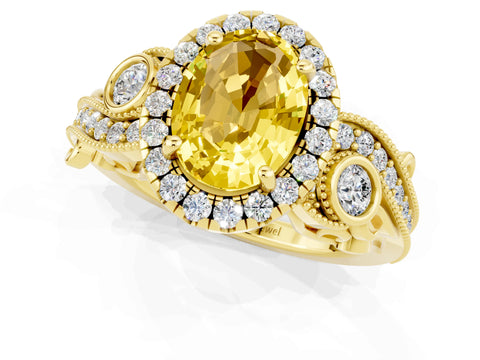 Yellow gold Oval Cut Yellow Sapphire Halo Ring with Milgrain Pavé Band and Four-Prong Setting_13