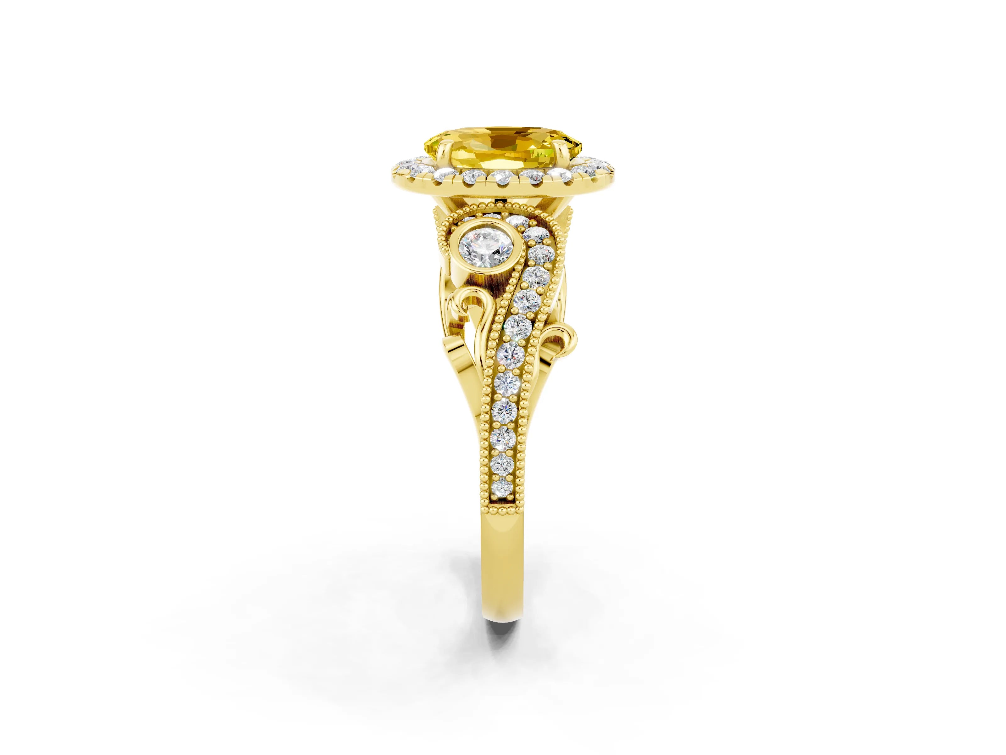 Yellow gold Oval Cut Yellow Sapphire Halo Ring with Milgrain Pavé Band and Four-Prong Setting_14