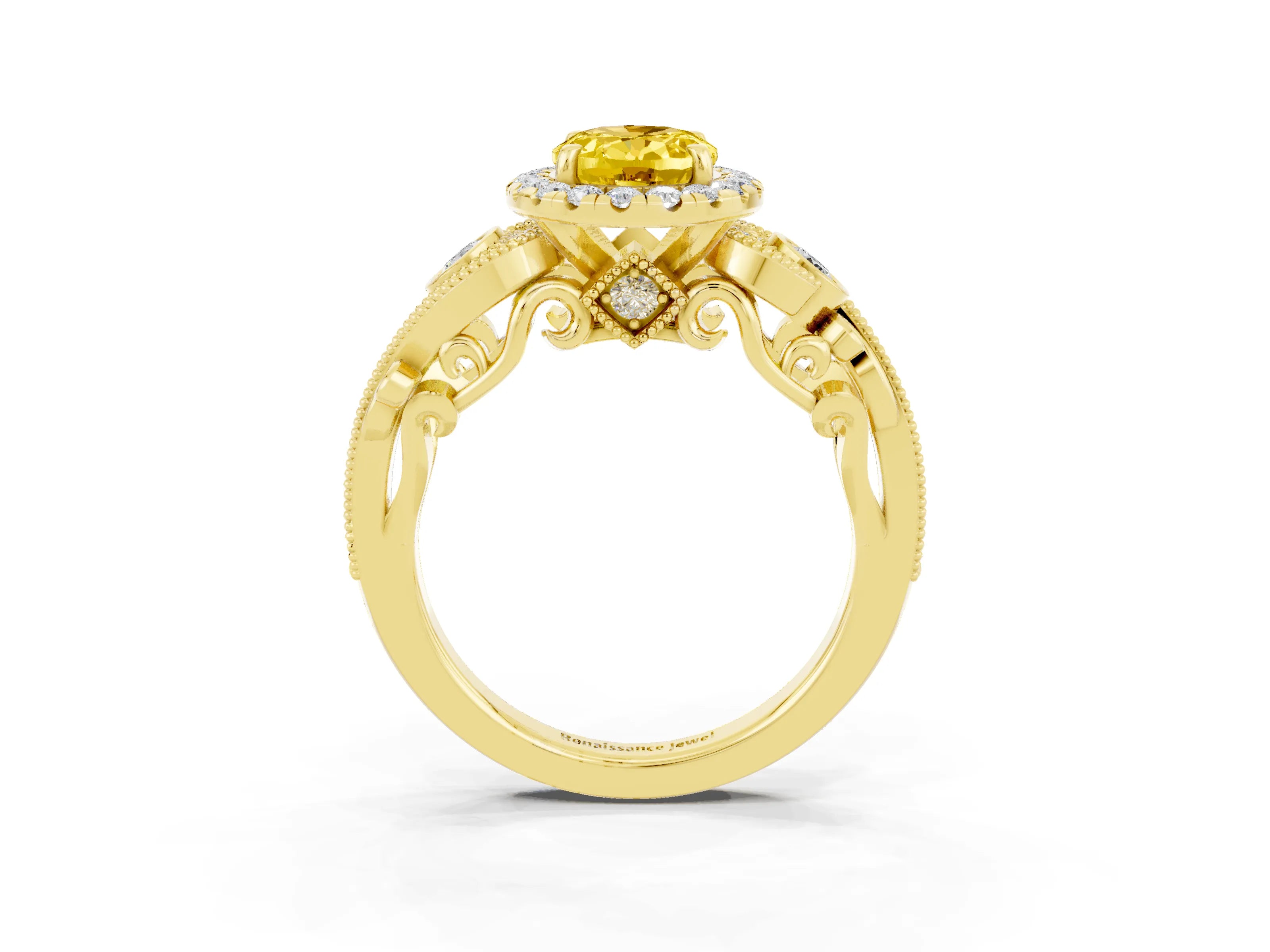 Yellow gold Oval Cut Yellow Sapphire Halo Ring with Milgrain Pavé Band and Four-Prong Setting_15