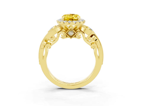 Yellow gold Oval Cut Yellow Sapphire Halo Ring with Milgrain Pavé Band and Four-Prong Setting_15
