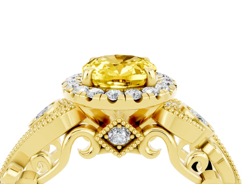 Yellow gold Oval Cut Yellow Sapphire Halo Ring with Milgrain Pavé Band and Four-Prong Setting_16