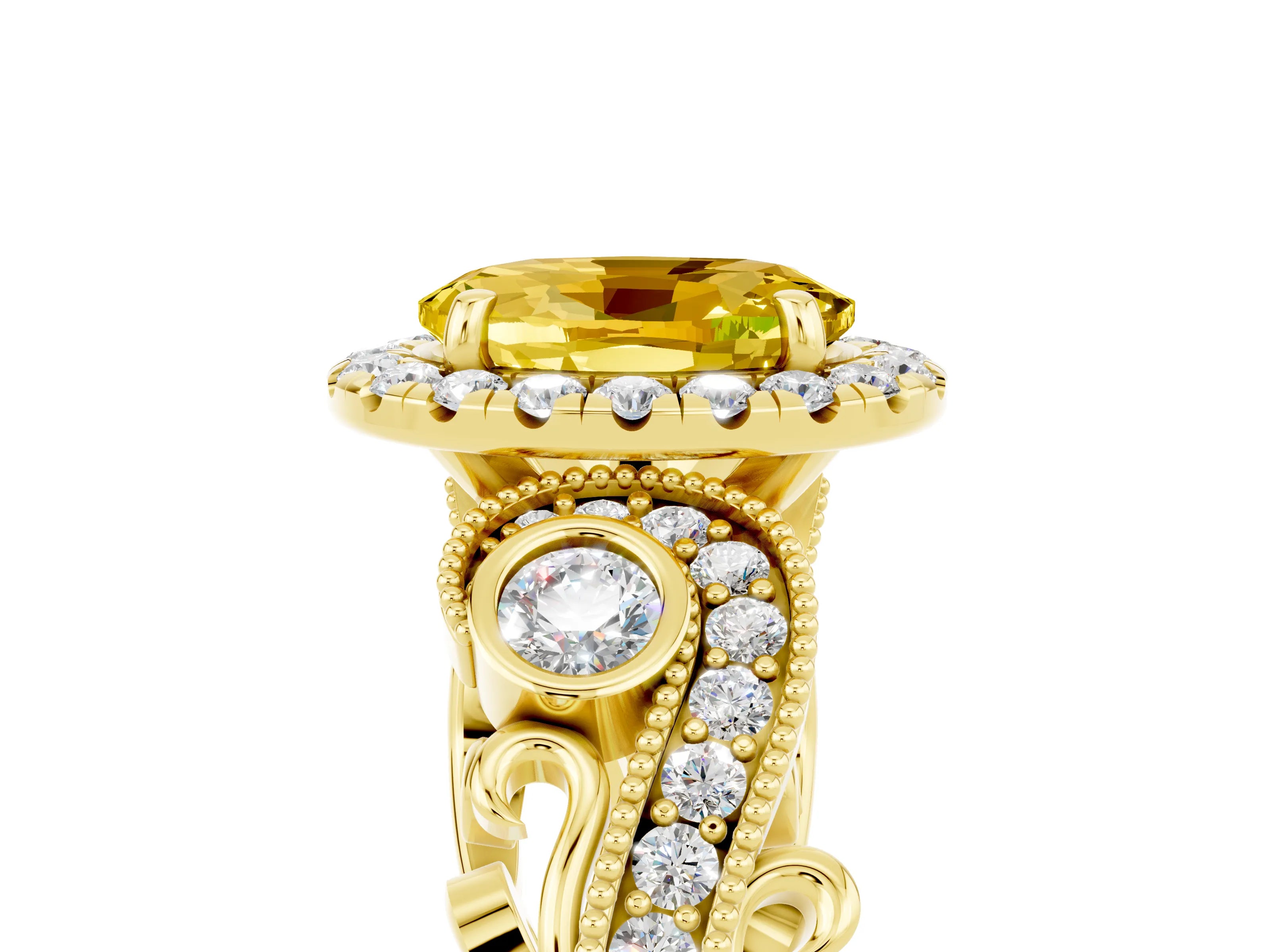 Yellow gold Oval Cut Yellow Sapphire Halo Ring with Milgrain Pavé Band and Four-Prong Setting_17