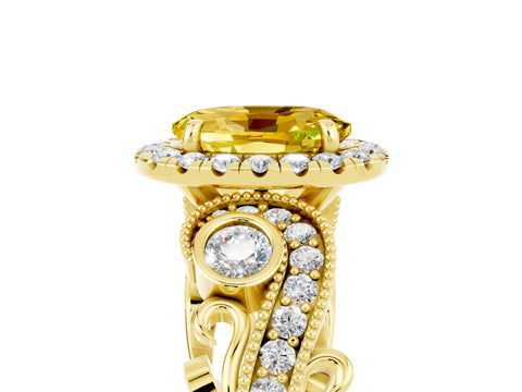 Yellow gold Oval Cut Yellow Sapphire Halo Ring with Milgrain Pavé Band and Four-Prong Setting_17