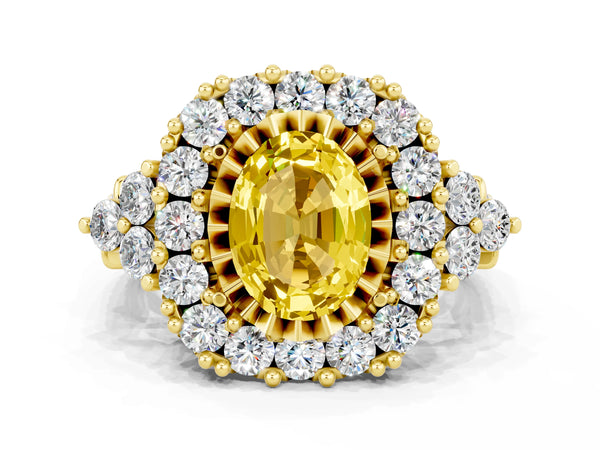 Yellow gold Oval Cut Yellow Sapphire Halo Ring with Pavé Band and Four-Prong Setting