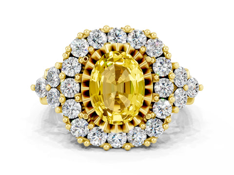 Yellow gold Oval Cut Yellow Sapphire Halo Ring with Pavé Band and Four-Prong Setting_12