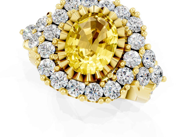Yellow gold Oval Cut Yellow Sapphire Halo Ring with Pavé Band and Four-Prong Setting