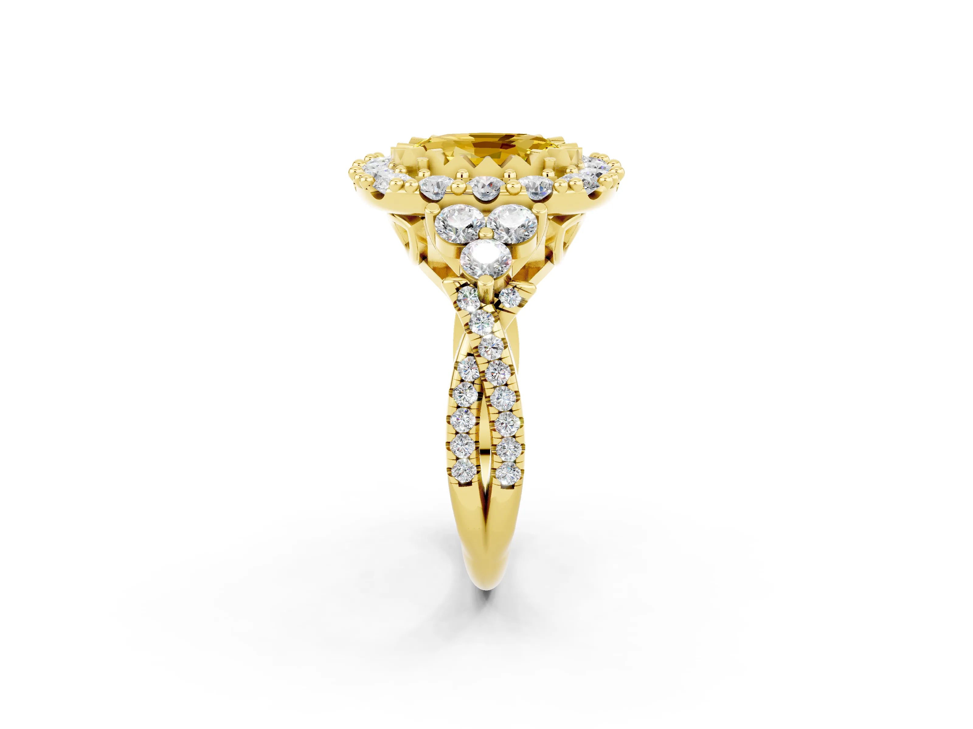 Yellow gold Oval Cut Yellow Sapphire Halo Ring with Pavé Band and Four-Prong Setting_14