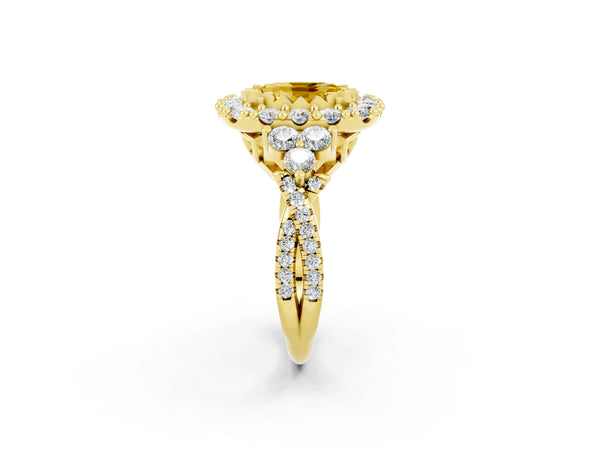 Yellow gold Oval Cut Yellow Sapphire Halo Ring with Pavé Band and Four-Prong Setting
