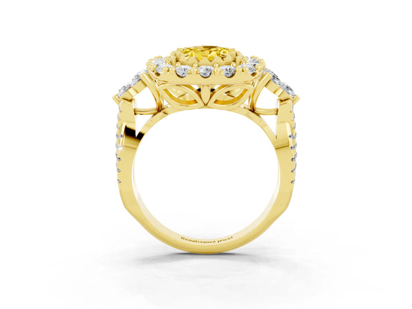 Yellow gold Oval Cut Yellow Sapphire Halo Ring with Pavé Band and Four-Prong Setting
