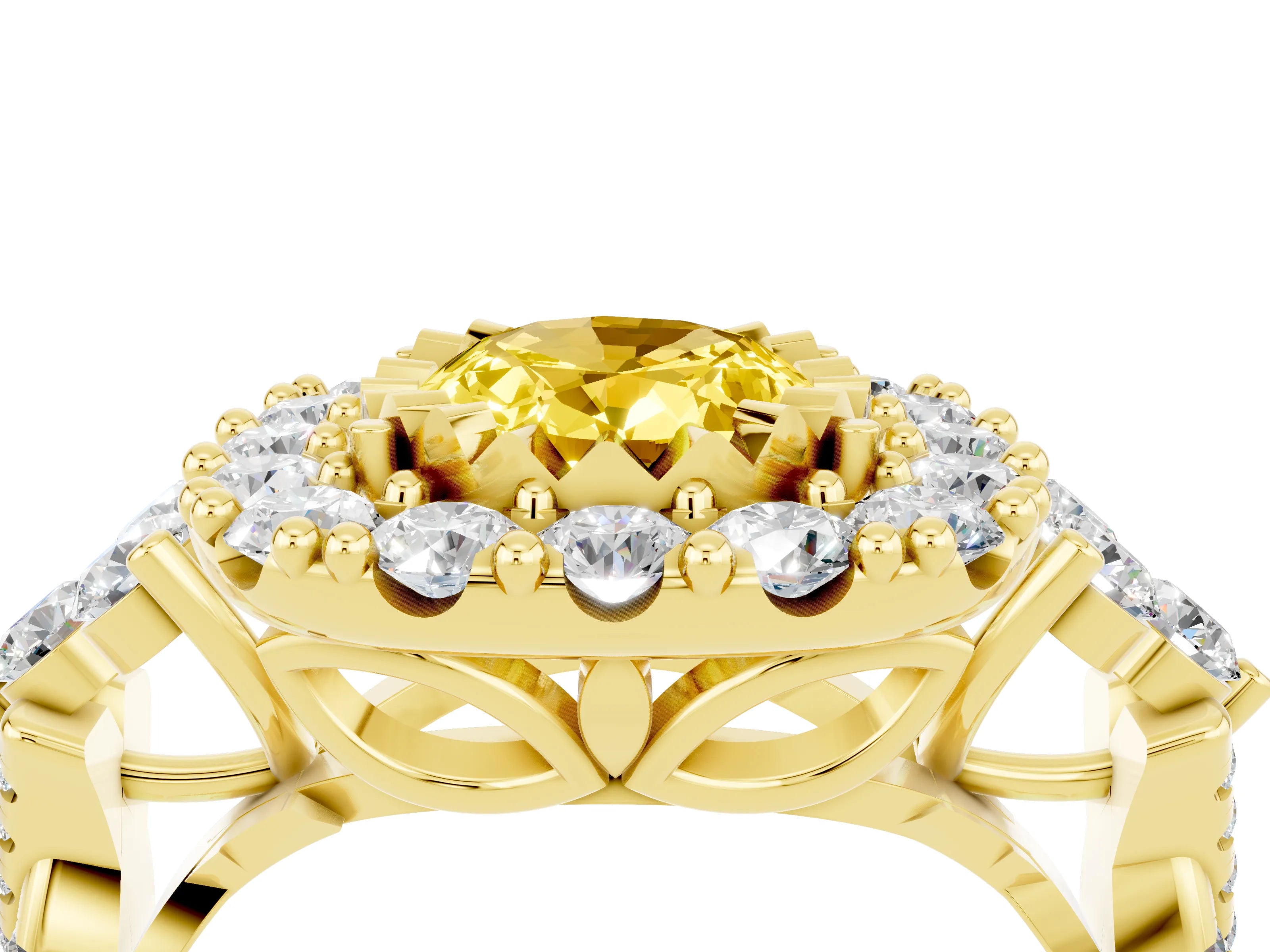 Yellow gold Oval Cut Yellow Sapphire Halo Ring with Pavé Band and Four-Prong Setting_16