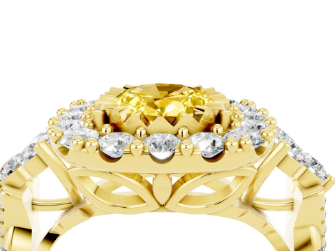 Yellow gold Oval Cut Yellow Sapphire Halo Ring with Pavé Band and Four-Prong Setting_16