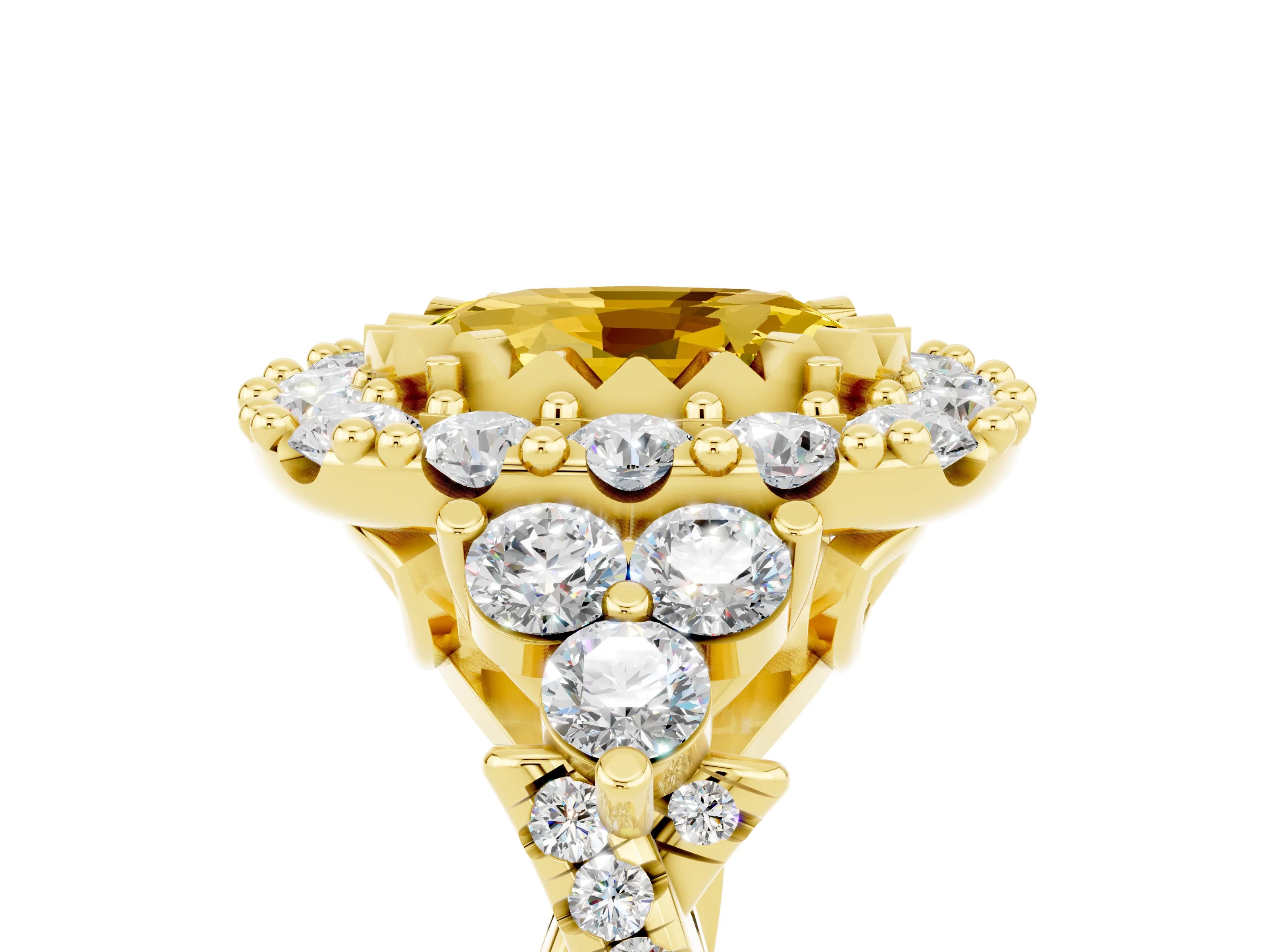 Yellow gold Oval Cut Yellow Sapphire Halo Ring with Pavé Band and Four-Prong Setting_17