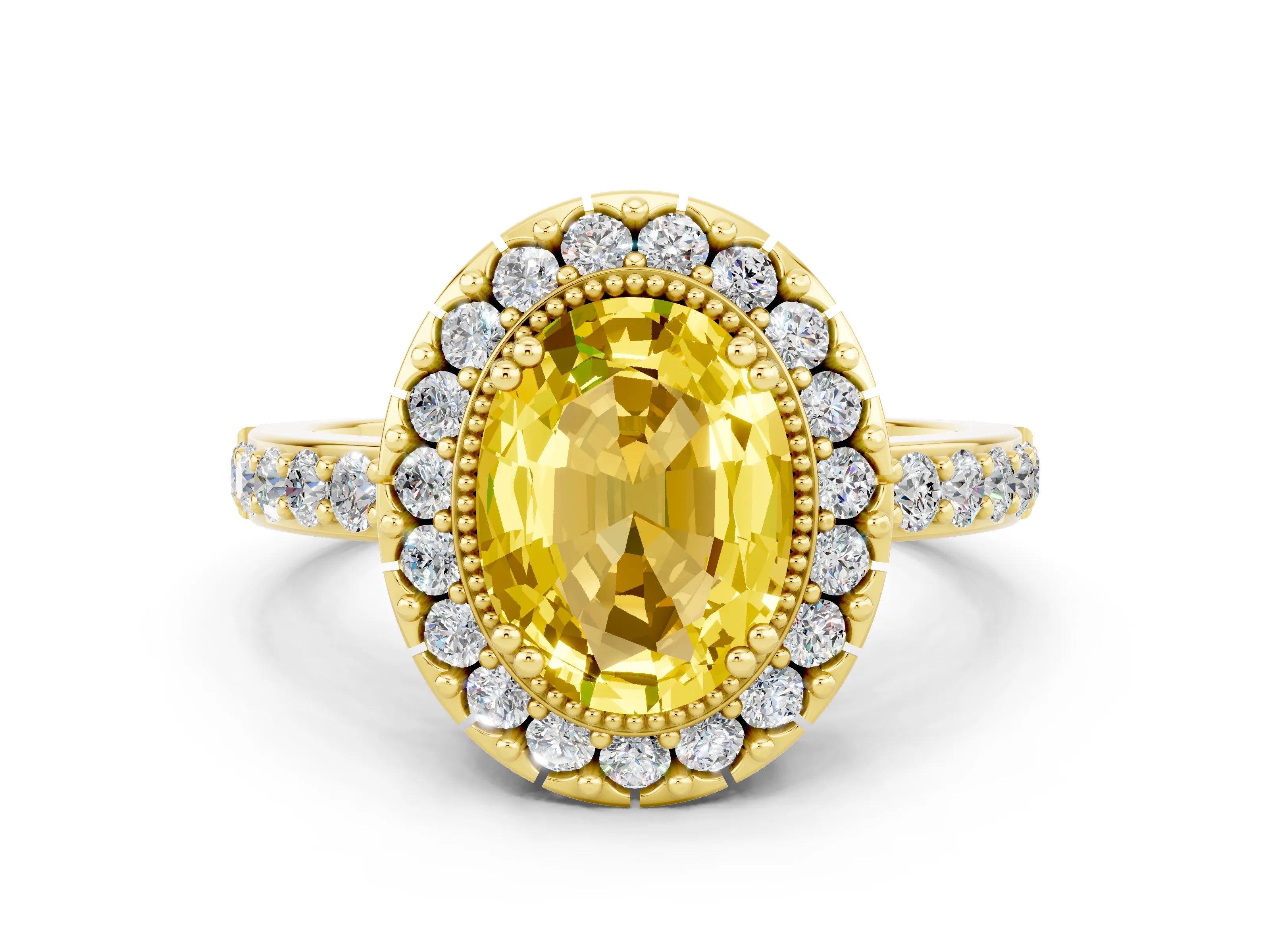 Yellow gold Oval Cut Yellow Sapphire Halo Ring with Pavé Band and Prong Setting
