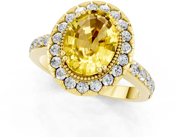 Yellow gold Oval Cut Yellow Sapphire Halo Ring with Pavé Band and Prong Setting