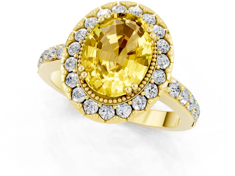 Yellow gold Oval Cut Yellow Sapphire Halo Ring with Pavé Band and Prong Setting_1