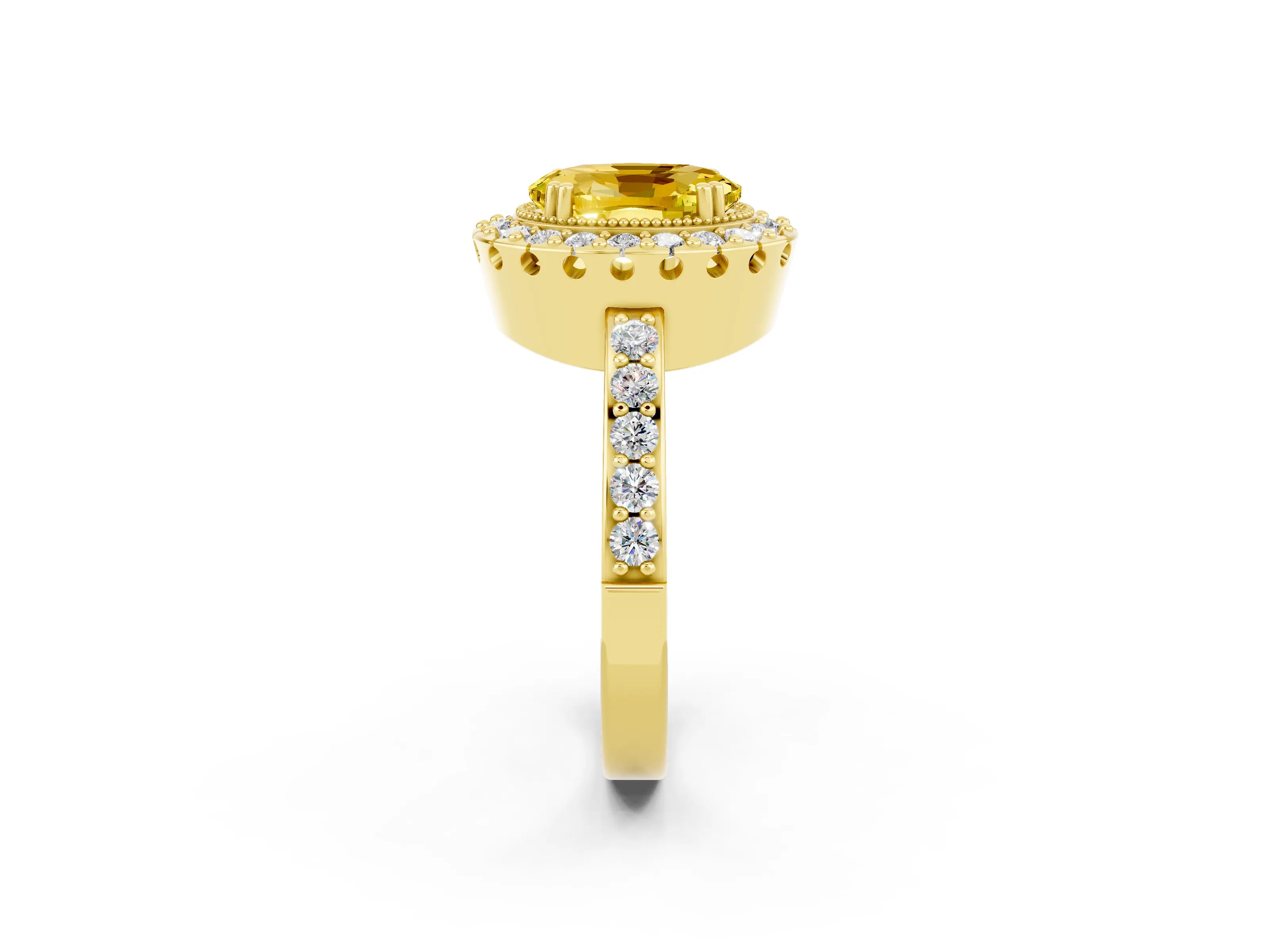 Yellow gold Oval Cut Yellow Sapphire Halo Ring with Pavé Band and Prong Setting_2