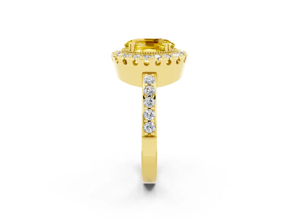 Yellow gold Oval Cut Yellow Sapphire Halo Ring with Pavé Band and Prong Setting