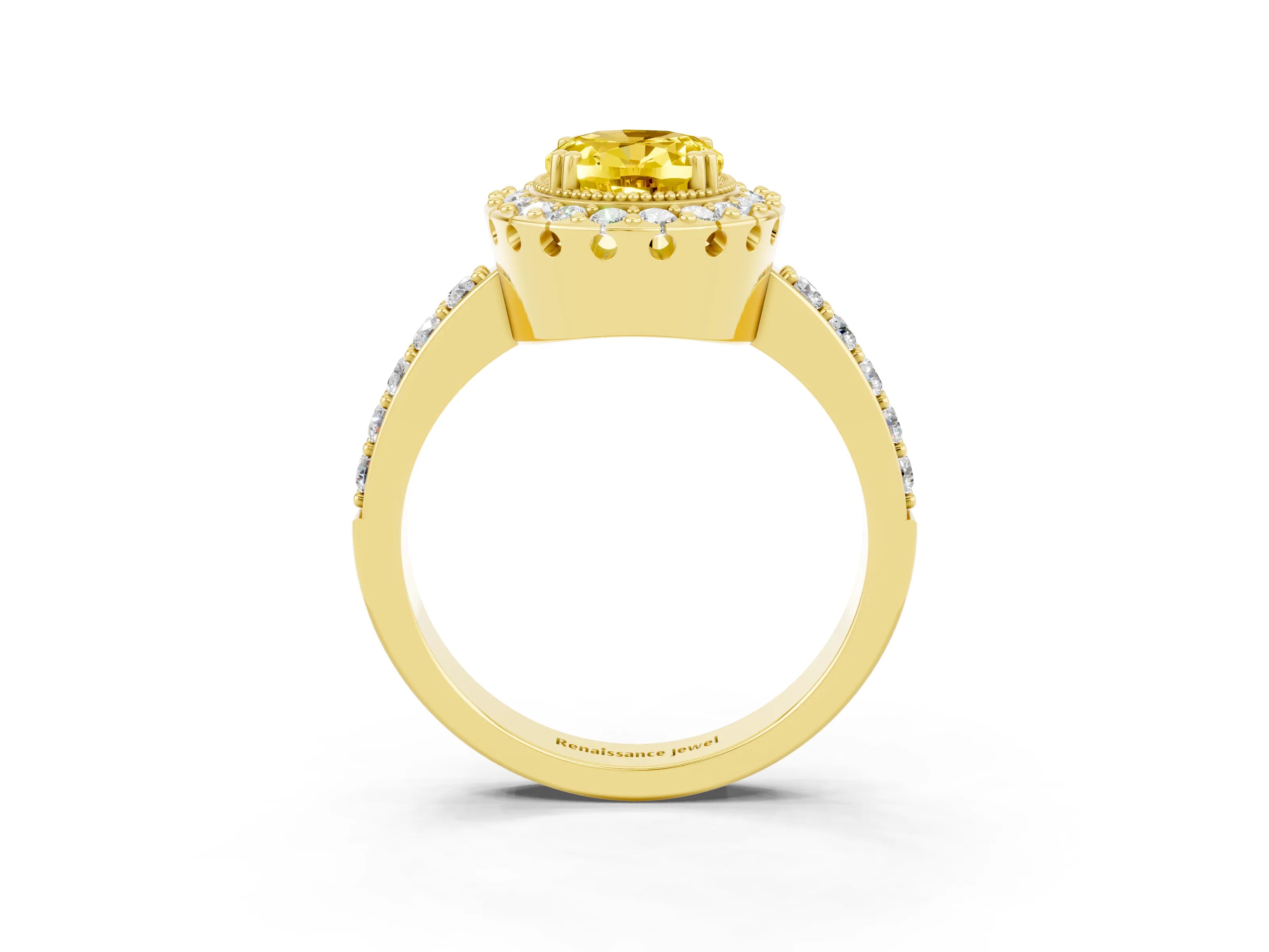 Yellow gold Oval Cut Yellow Sapphire Halo Ring with Pavé Band and Prong Setting_3