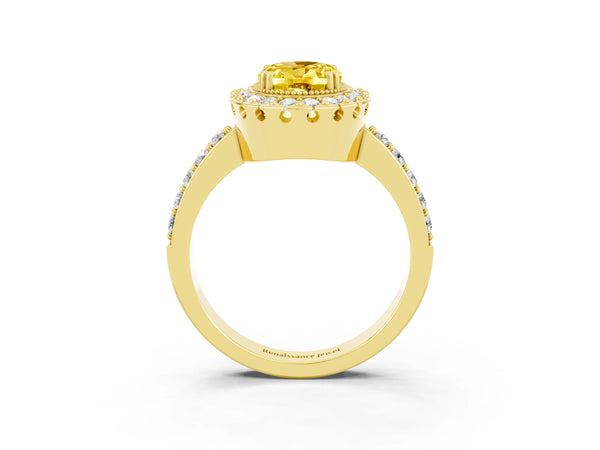 Yellow gold Oval Cut Yellow Sapphire Halo Ring with Pavé Band and Prong Setting