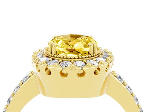 Yellow gold Oval Cut Yellow Sapphire Halo Ring with Pavé Band and Prong Setting_4