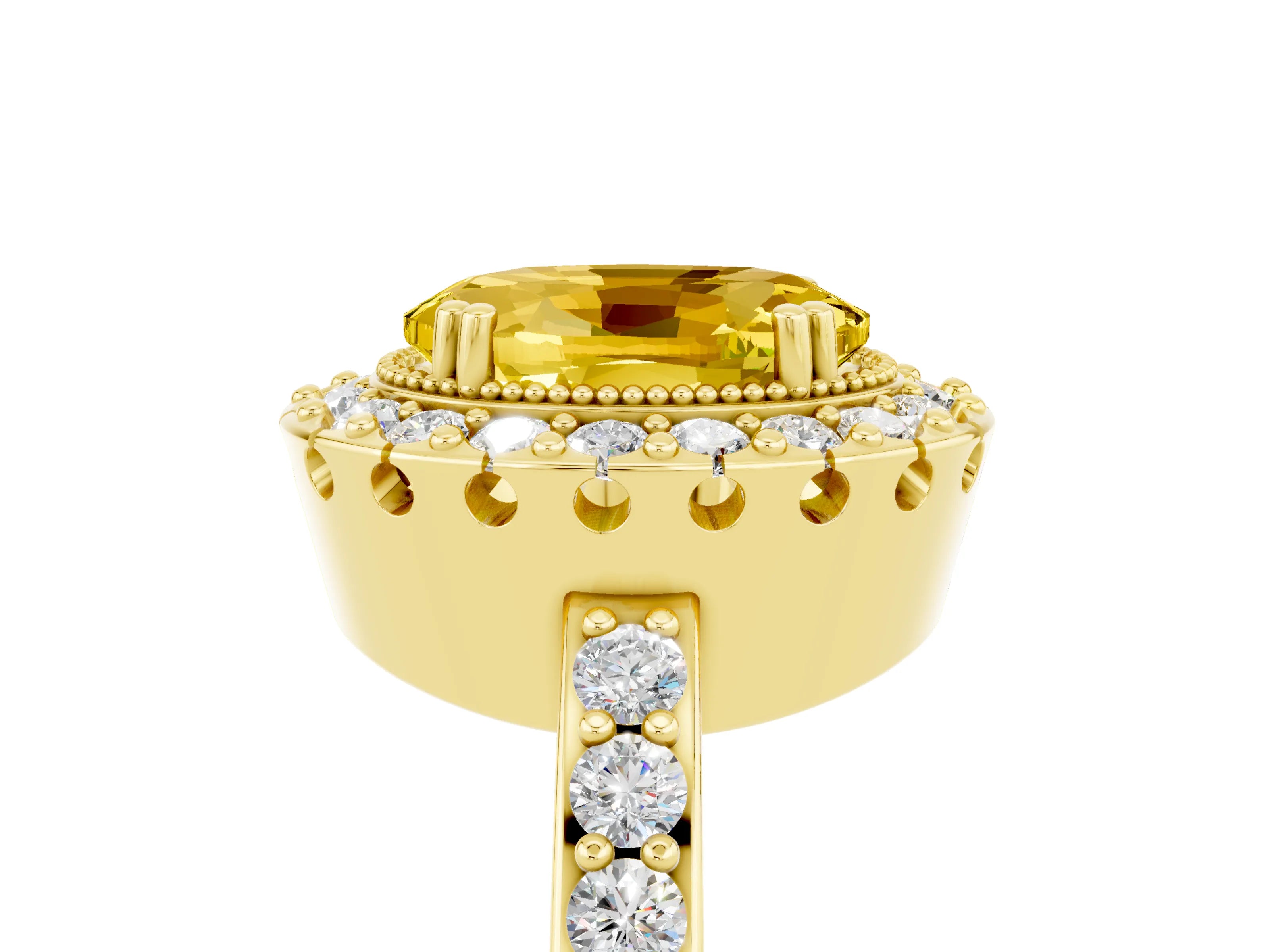 Yellow gold Oval Cut Yellow Sapphire Halo Ring with Pavé Band and Prong Setting_5