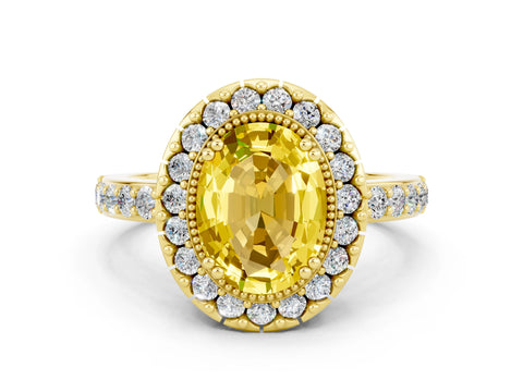 Yellow gold Oval Cut Yellow Sapphire Halo Ring with Pavé Band and Prong Setting