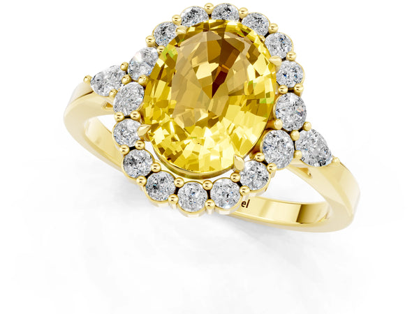 Yellow gold Oval Cut Yellow Sapphire Halo Ring with Pear Side Stones and Prong Setting