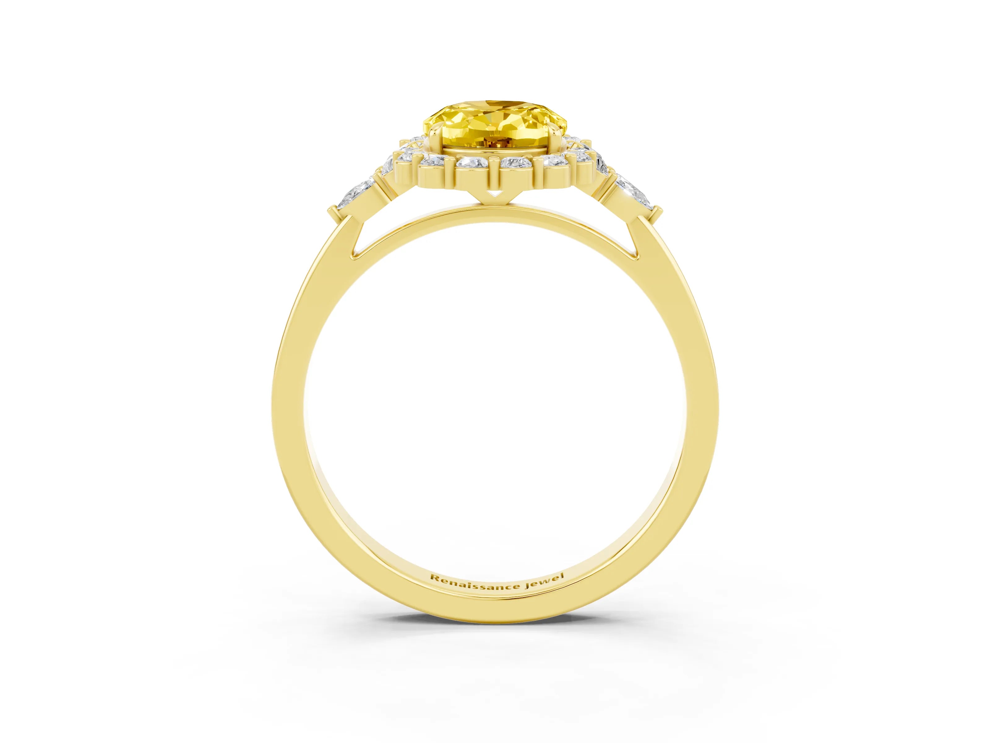 Yellow gold Oval Cut Yellow Sapphire Halo Ring with Pear Side Stones and Prong Setting_15