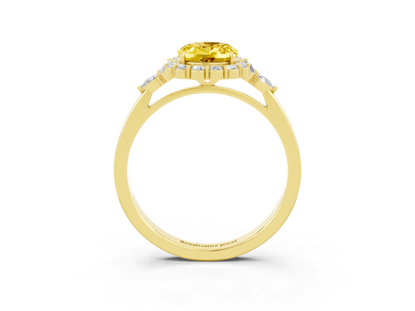 Yellow gold Oval Cut Yellow Sapphire Halo Ring with Pear Side Stones and Prong Setting