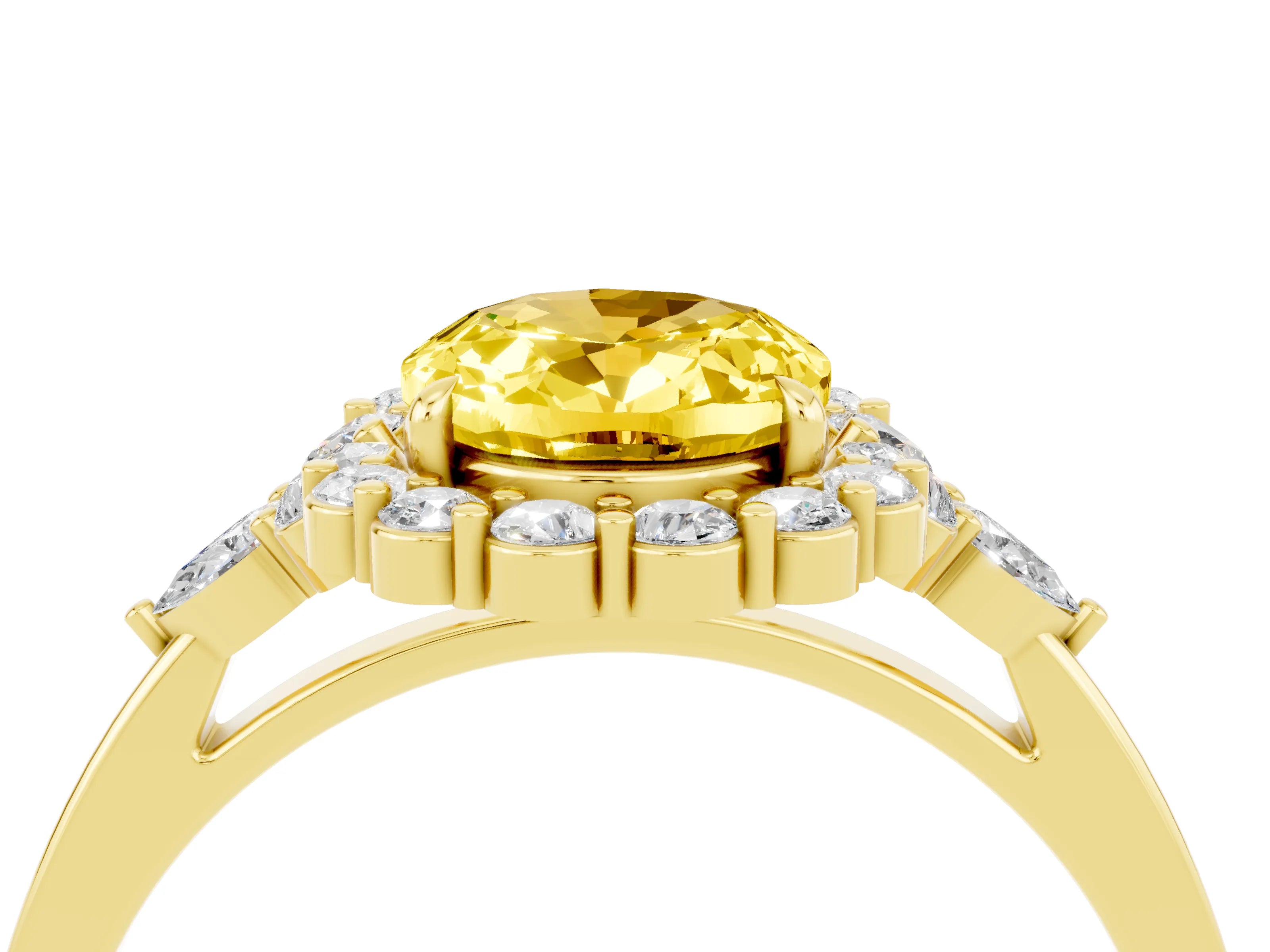 Yellow gold Oval Cut Yellow Sapphire Halo Ring with Pear Side Stones and Prong Setting_16